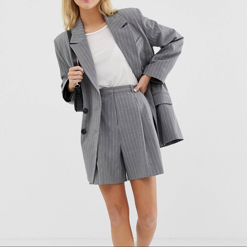 Gray Pinstriped Blazer Short Set